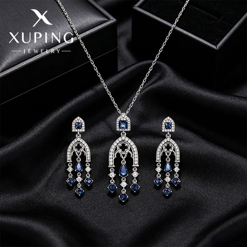 Xuping Gemstone Series Niche Earring and Necklace Set: Fashionable, Light Luxury, Teardrop Tassel, Elegant Court Style Earrings for Women
