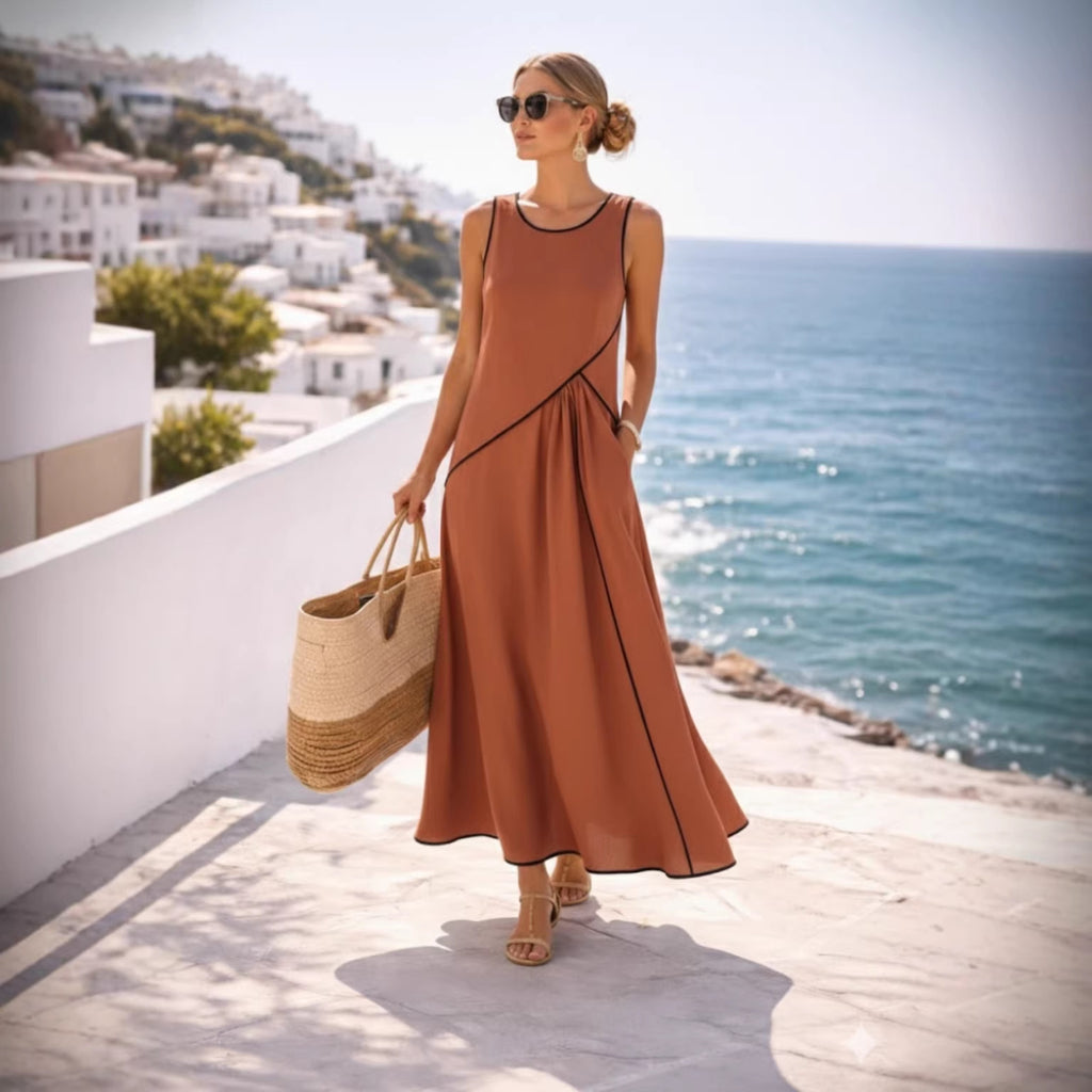 2026 Independent Website European and American Summer New Women's Clothing Mediterranean Resort Style Dress Women's Color Block Trim A-line Skirt