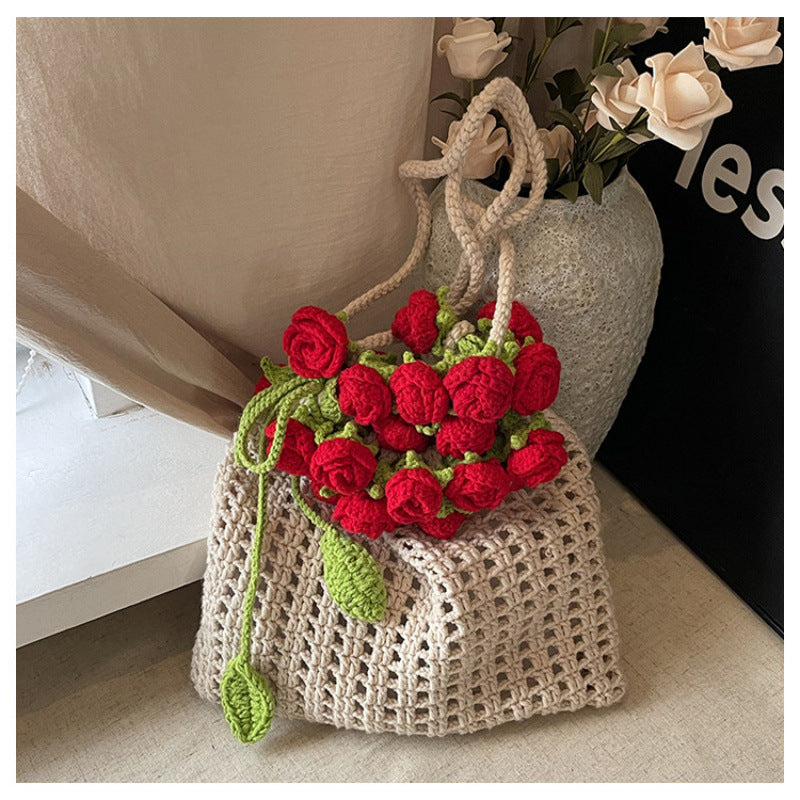 Cross-border rose bouquet blanket bucket bag handmade crochet knitting material kit wool knitting crossbody bag handmade crochet