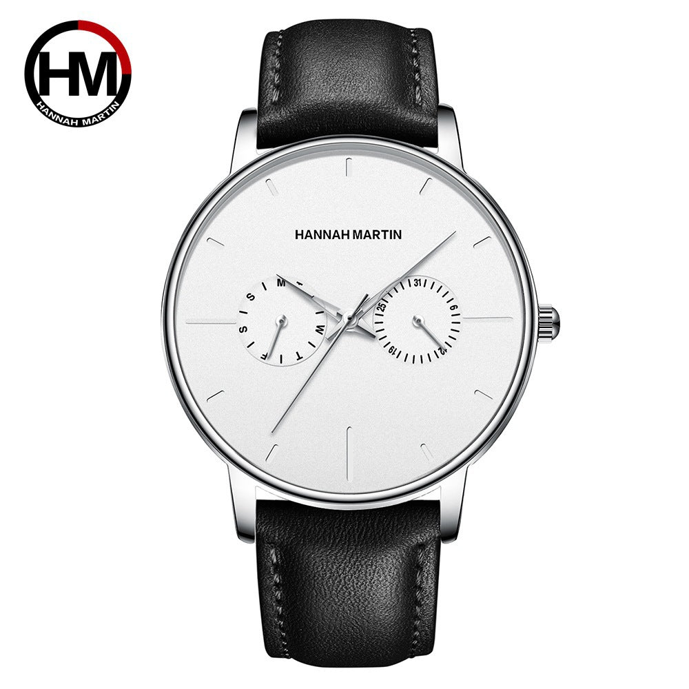 Men's multifunctional waterproof quartz watch top layer cowhide watch student trend niche brand ins business watch