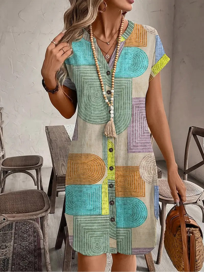2026 European and American style women's clothing, export, Amazon summer printed elegant V-neck button dress, independent website.