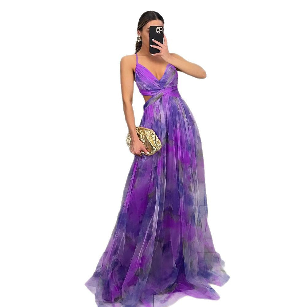 Cross-border 2025 European and American Spring/Summer New Mesh Printed Sundress, INS Vacation Casual Party Dress