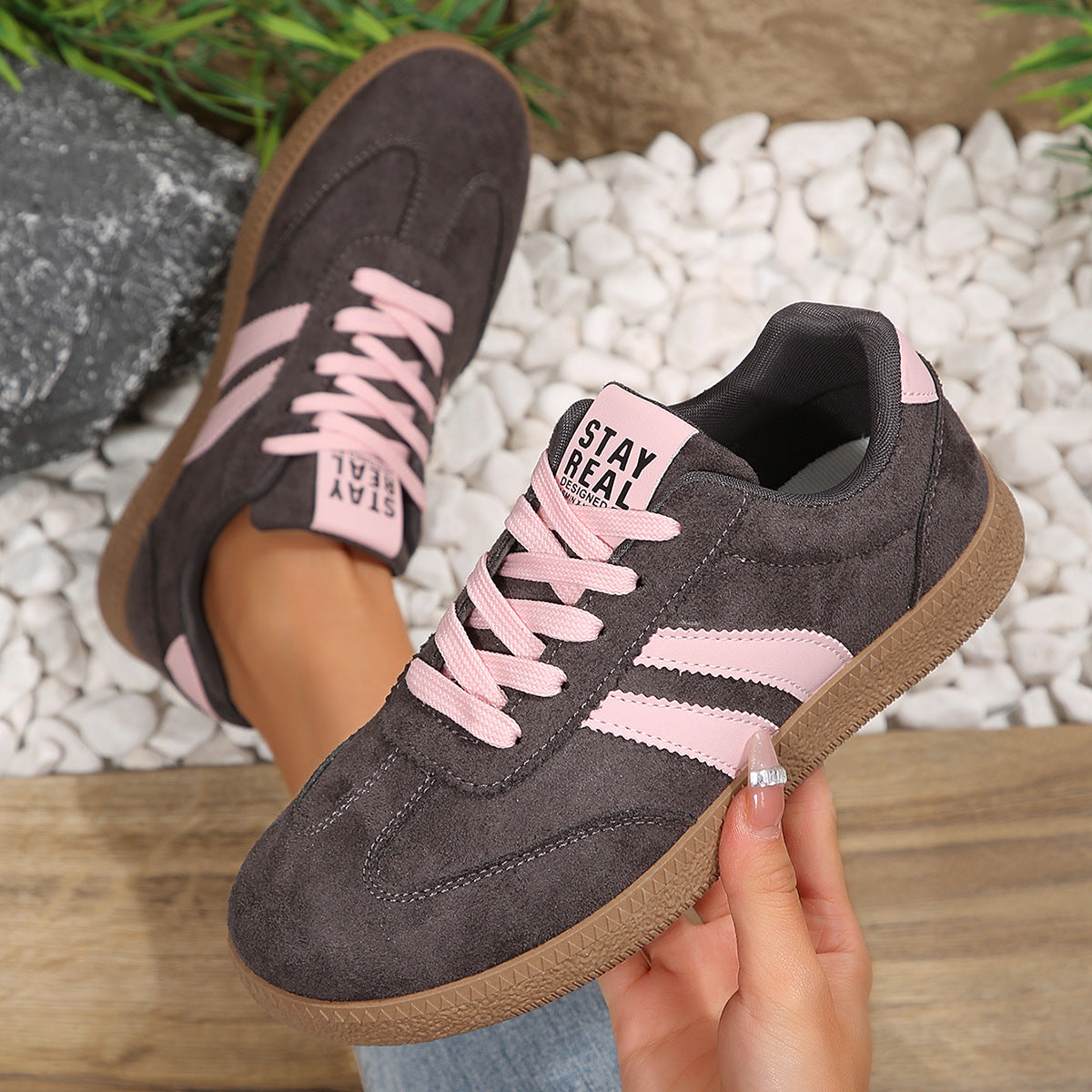 Women's Beige Flat Sneakers - Low-Top, Lace-Up