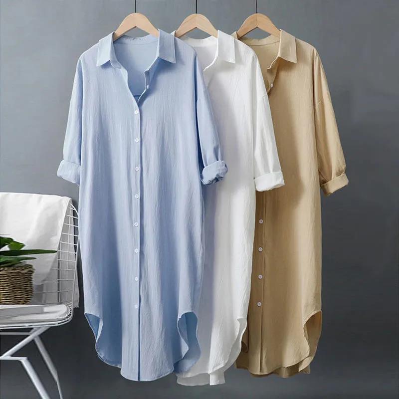 Cotton and linen sunscreen white shirt for women to wear as outerwear 2024 spring and summer new all-match loose casual tops mid-length shirt dress