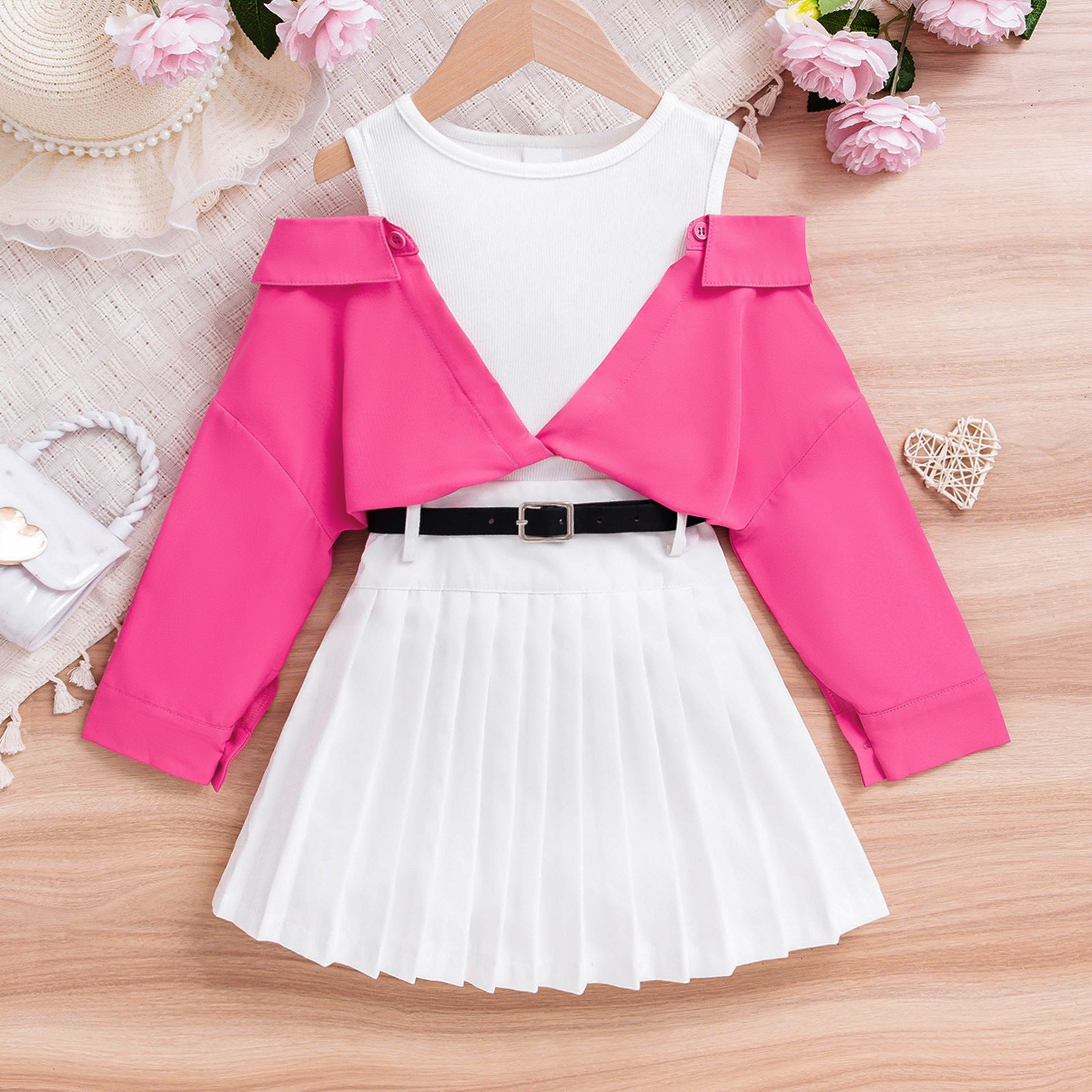Foreign trade cross-border European and American summer hot-selling temperament girl suit off-shoulder long-sleeved top waist pleated skirt belt