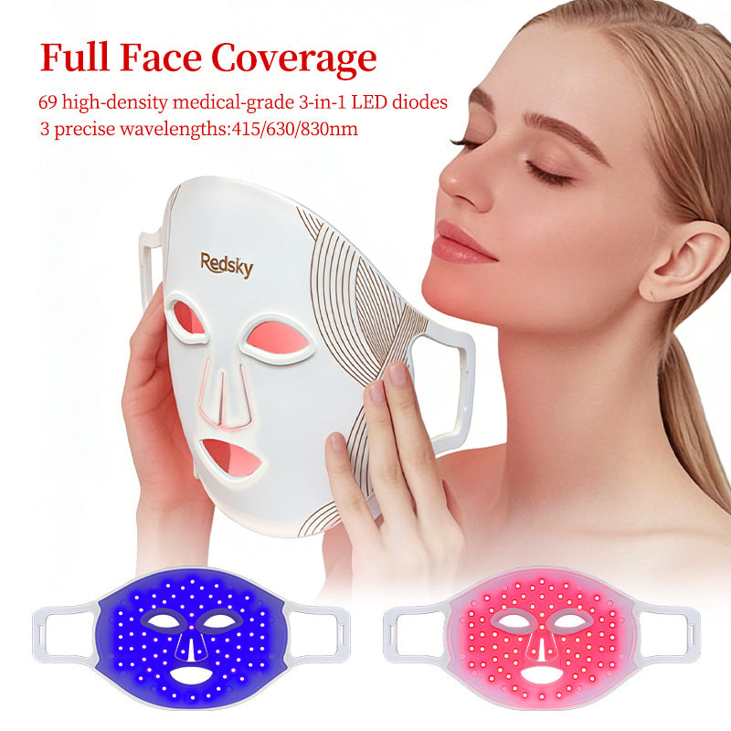 Red light facial mask beauty device, LED red and blue light mask, cross-border home use skincare, infrared therapy, large panel light, custom-made.