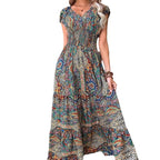 European and American cross-border women's clothing, Bohemian style, 2023 new V-neck long dress, waist-cinching floral print maxi dress.