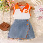 Cross-border foreign trade children's clothing European and American summer girls lapel sleeveless flower contrast vest lace denim shorts suit
