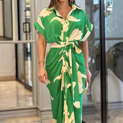 European and American cross-border 2024 Amazon summer new women's clothing printed lapel short-sleeved waist long shirt dress