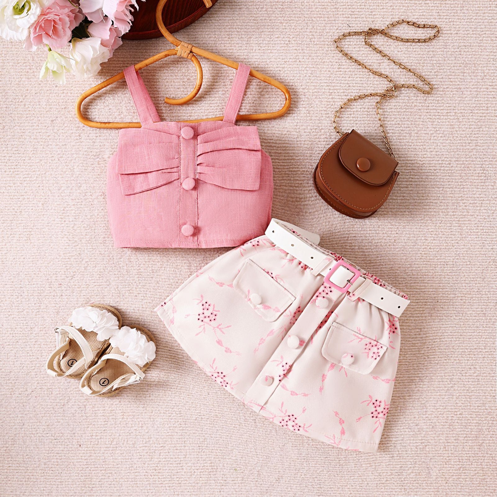 Foreign trade cross-border European and American summer sweet girl suits small and medium-sized children's suspender tops, printed skirts, belts new products