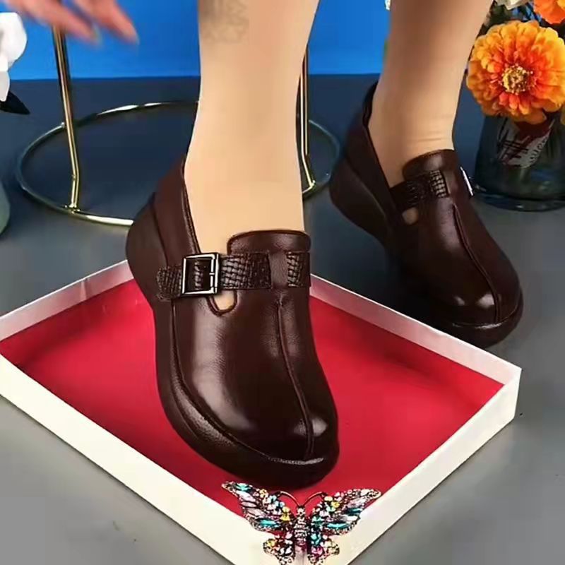 Platform shoes for women thick sole soft leather handmade buckle single shoes retro round toe comfortable soft sole 2022 spring women's shoes