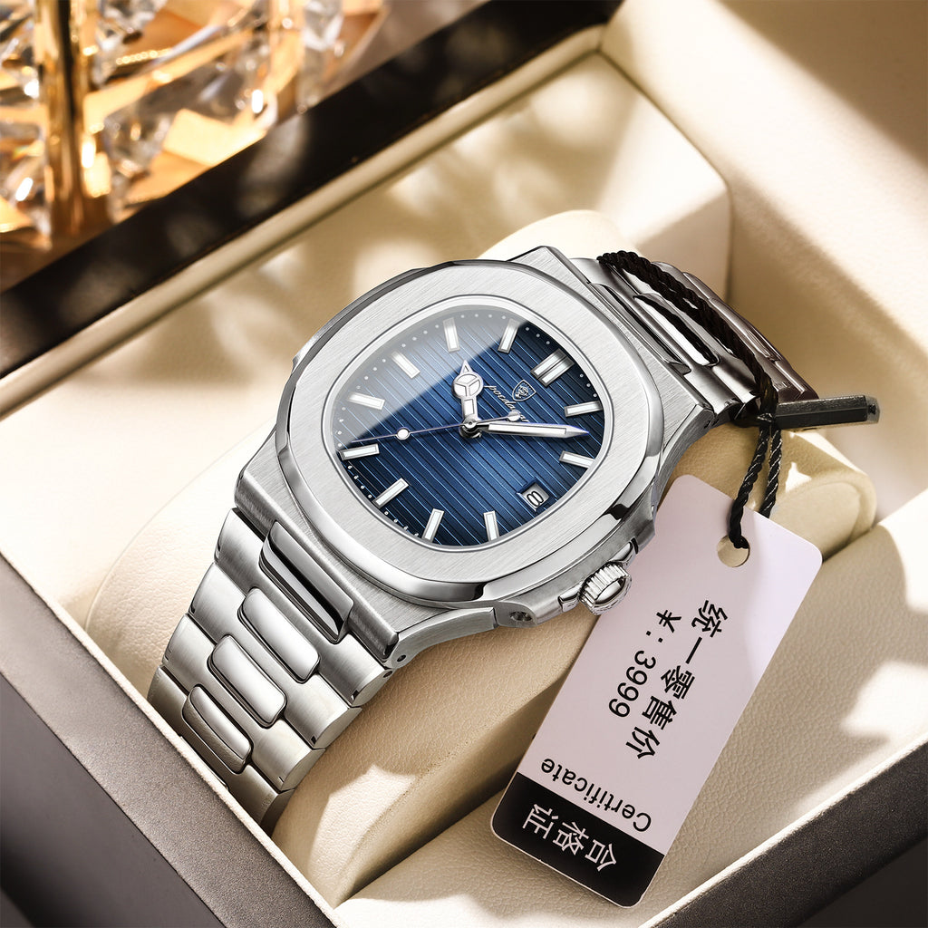 Men's Green Dial Quartz Watch - Waterproof, Steel Strap