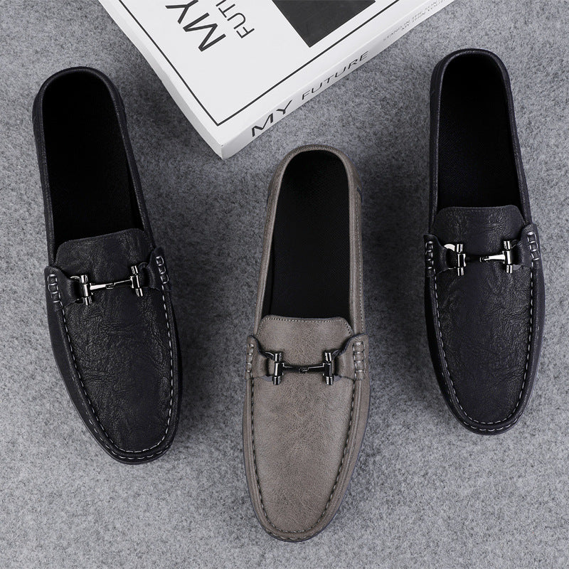 Men's Black Slip-On Leather Bean Shoes | Aladinae