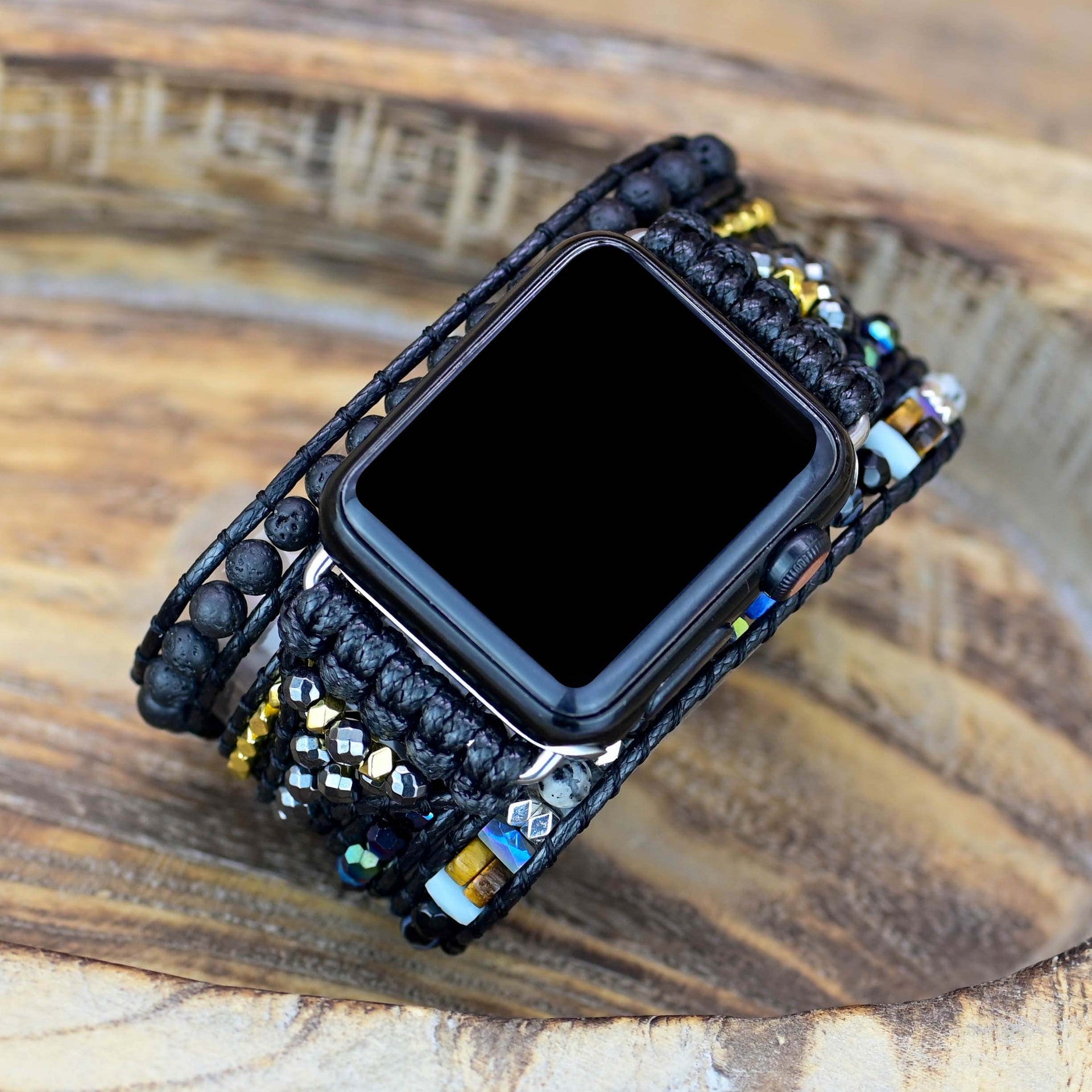 Amazon wish popular black retro braided Apple watch bracelet natural stone bead strap bracelet