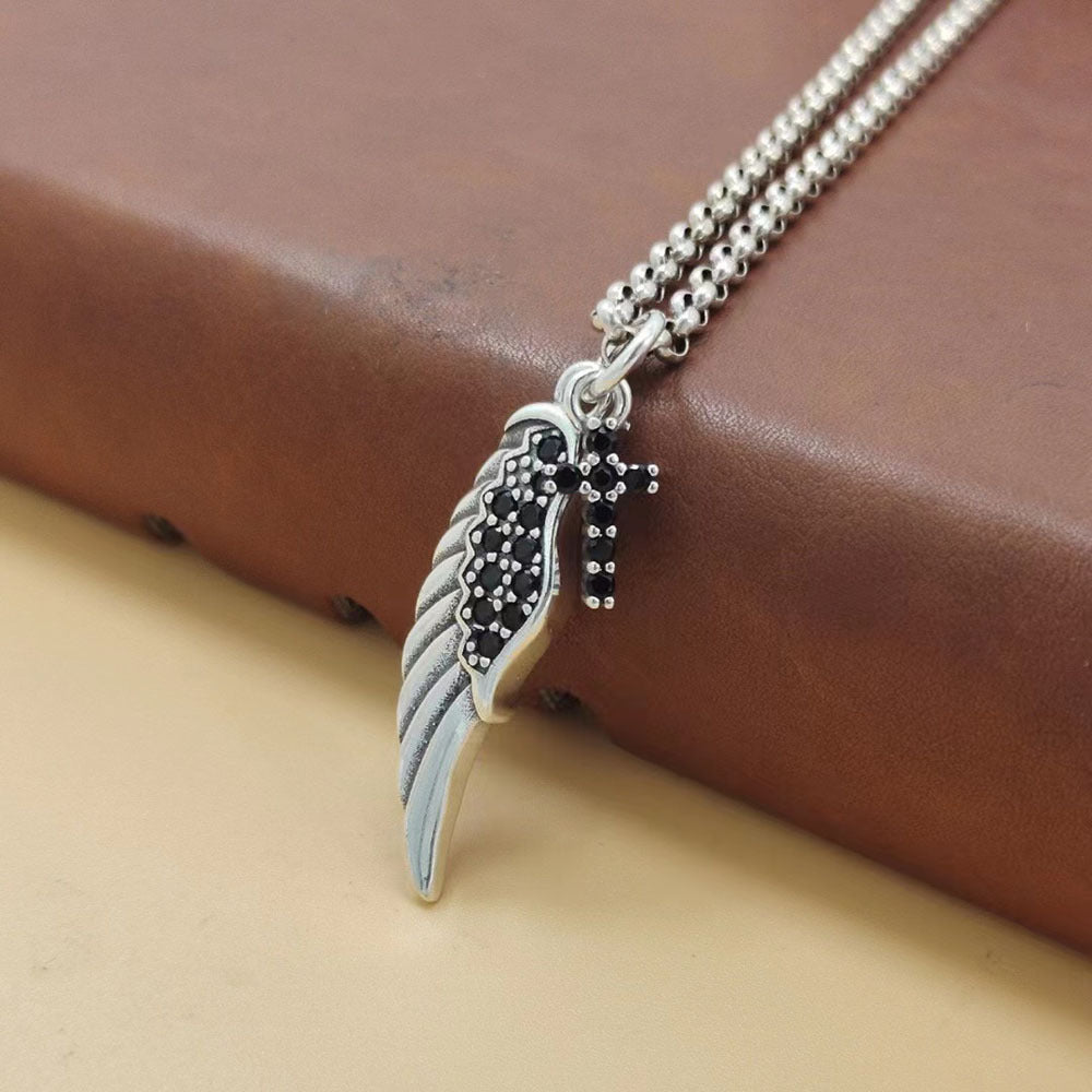 Angel Wing Pendant S925 Sterling Silver Trendy Personality Men and Women Cross Wings Fashion Black Diamond Small Pendant Trend