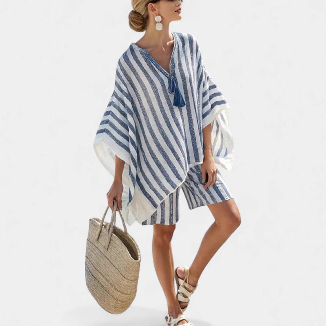 2026 European and American New Style Striped Casual V-neck T-shirt and Linen-style Set with Loose Shorts