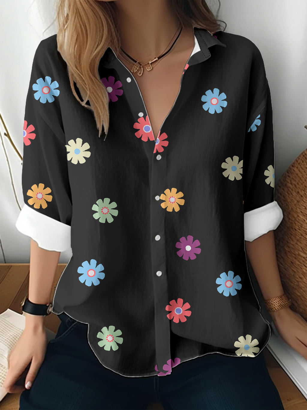 Cat cross-border Amazon European and American women's 3D printed floral pattern long-sleeved shirt women's fashion tops
