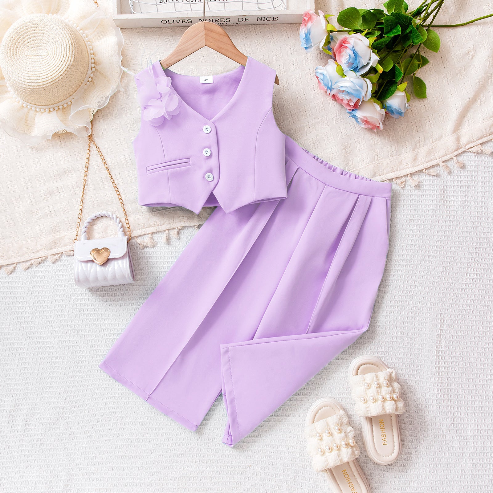 Cross-border European and American summer new multi-color girls suits, sleeveless vest tops for small and medium-sized children, trousers and suits