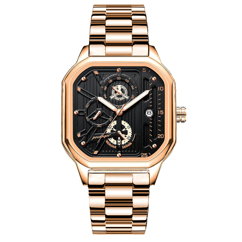 Men's Black Square Dial Quartz Watch - Leather, Waterproof