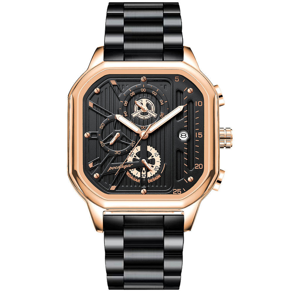 Men's Black Square Dial Quartz Watch - Leather, Waterproof