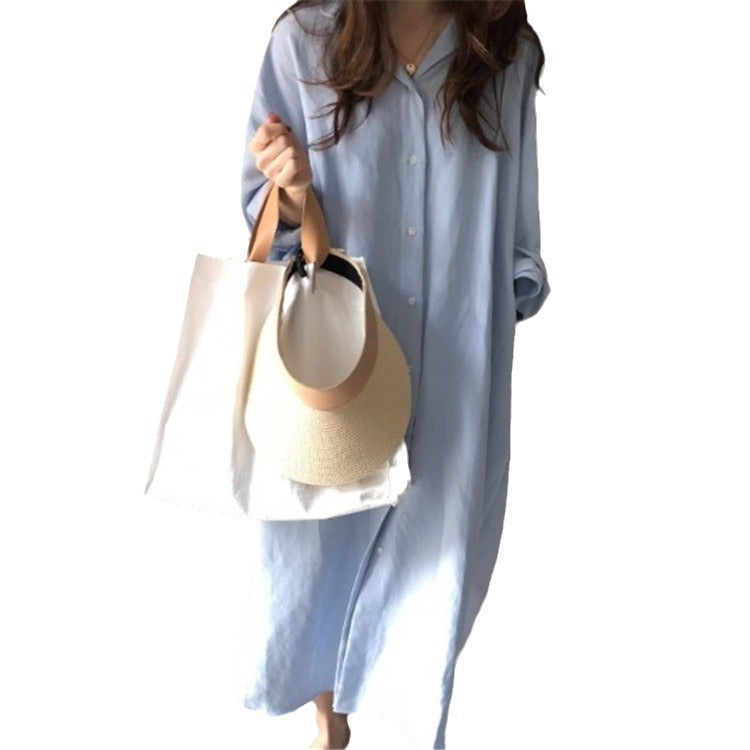 388 Korean Casual Shirt Dress 2025 Spring New Women's Clothing Plus Size Loose Shirt Dress Long Cotton Linen Export