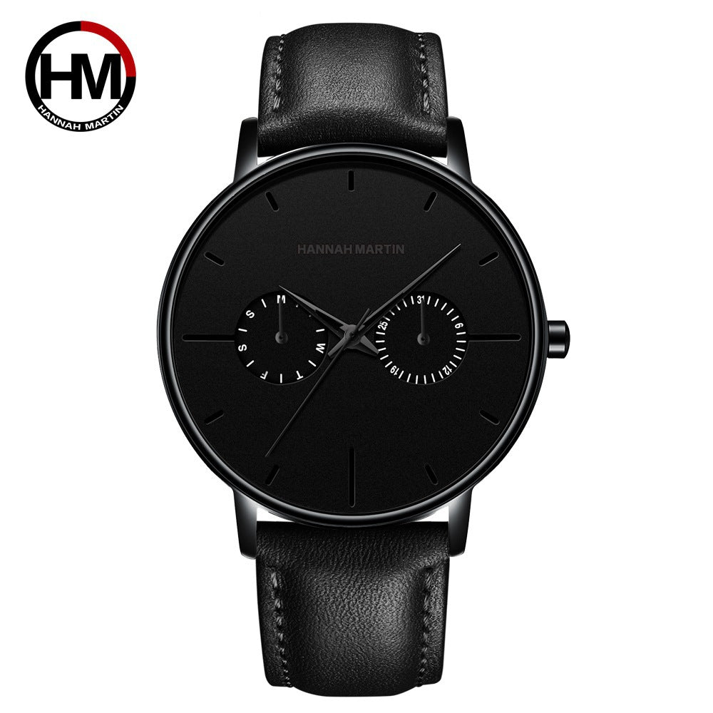 Men's multifunctional waterproof quartz watch top layer cowhide watch student trend niche brand ins business watch