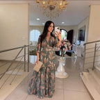 Amazon Foreign Trade 2026 European and American Women's Summer New V-neck Fashionable Elegant Printed Long Dress