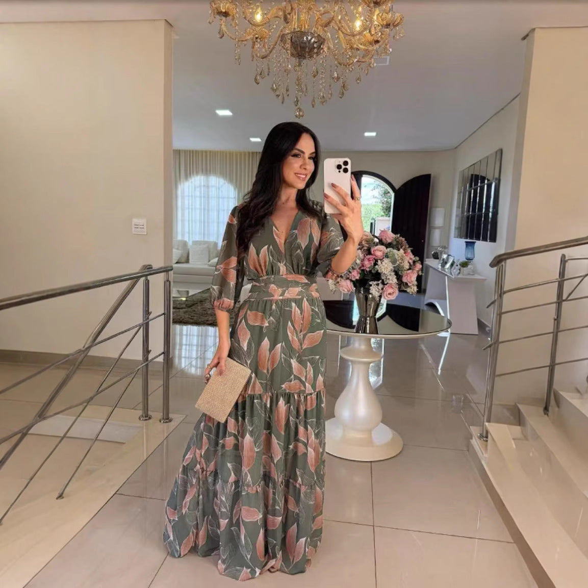 Amazon Foreign Trade 2026 European and American Women's Summer New V-neck Fashionable Elegant Printed Long Dress