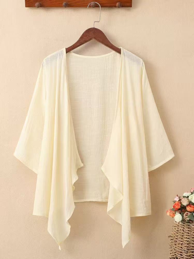 Summer thin bamboo cotton sun protection cardigan for women, solid color, versatile outerwear, shawl, three-quarter sleeve linen cover-up jacket