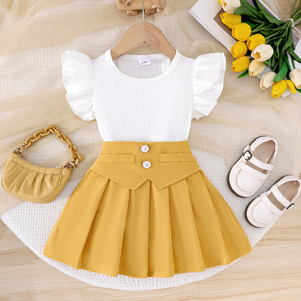 Cross-border European and American summer hot-selling girls suits, small and medium-sized children's flying sleeve short-sleeved tops, pleated skirt two-piece suits