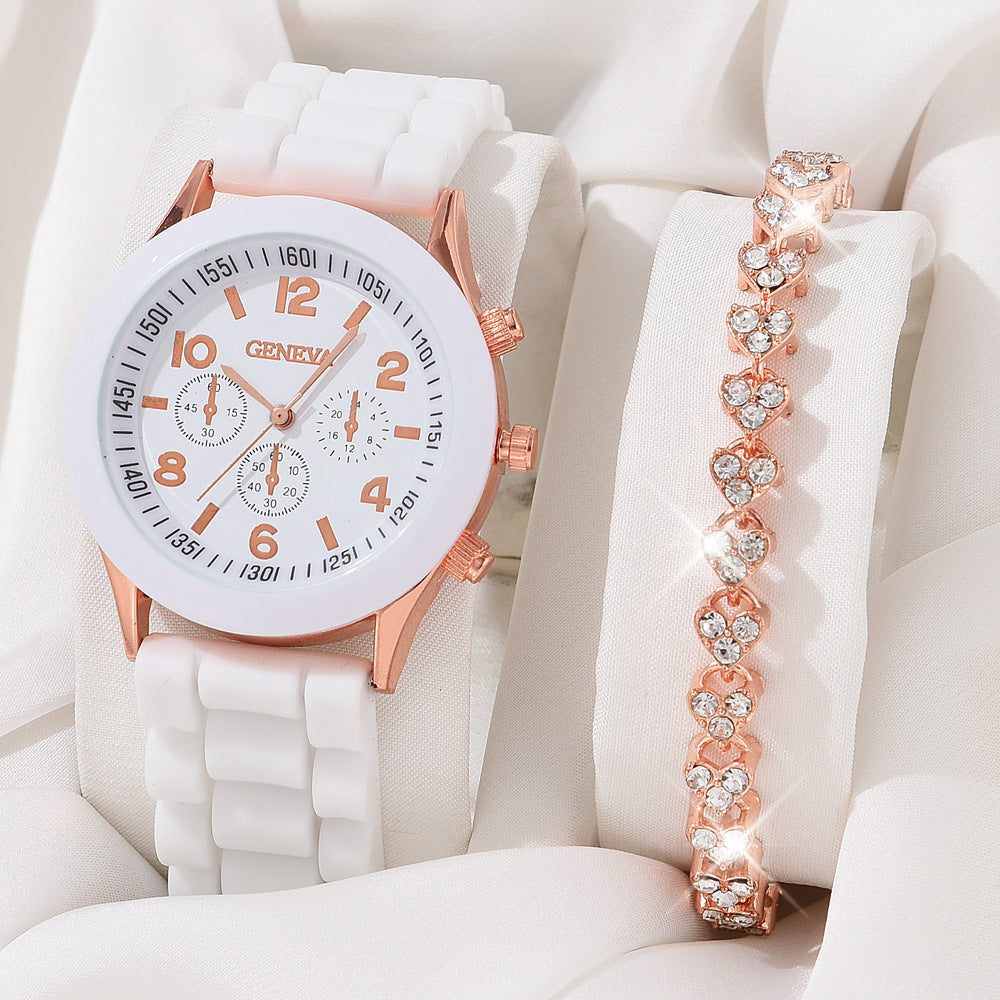 Women's White Heart-Design Quartz Watch - Silicone Strap