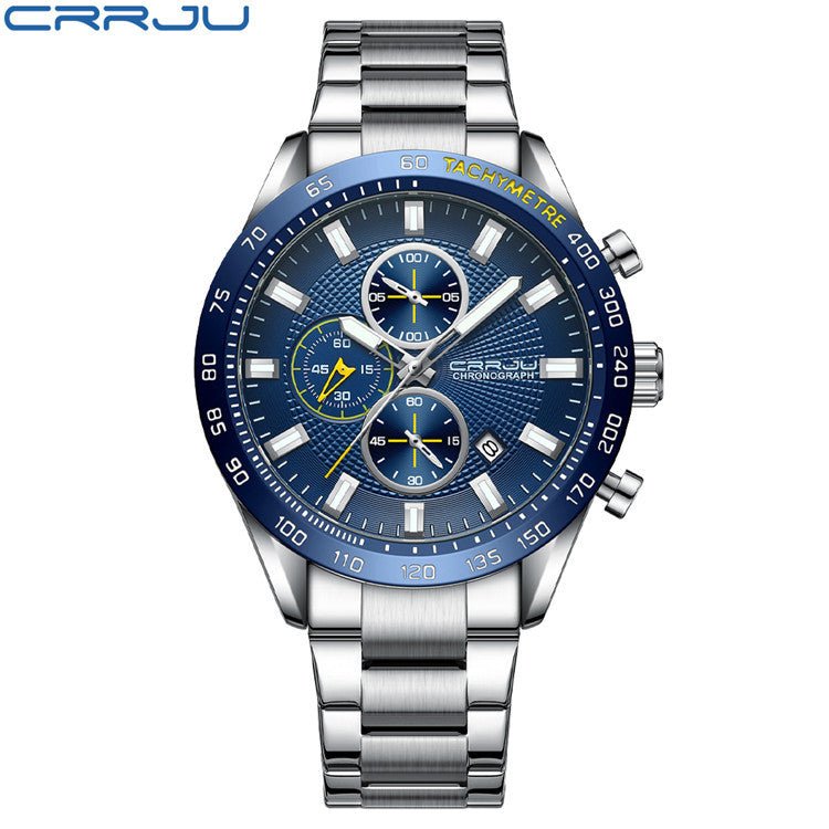 Men's Silver Blue Steel Watch - Waterproof, Calendar