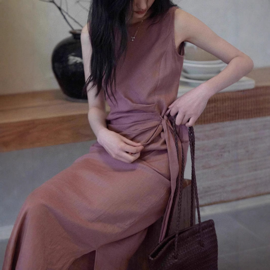 [LeWei] 100 Linen Round Neck Sleeveless Dress for Women, Summer Tie-Waist Fitted Dress, Versatile for Commuters