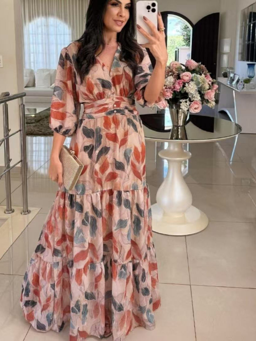 Amazon Foreign Trade 2026 European and American Women's Summer New V-neck Fashionable Elegant Printed Long Dress