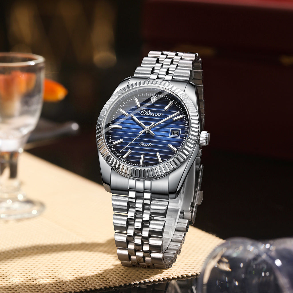 Men's Silver White Dial Quartz Watch - Calendar, Waterproof