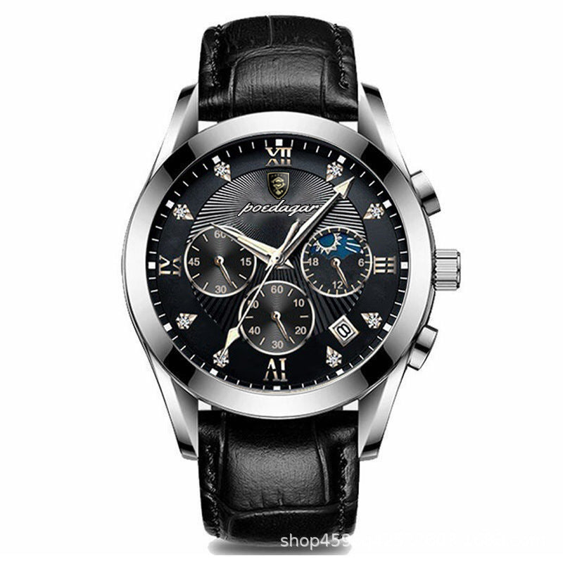 Men's Rose Gold Black Quartz Watch - Leather Strap, Calendar