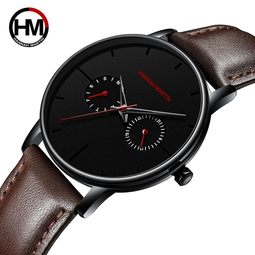 Men's multifunctional waterproof quartz watch top layer cowhide watch student trend niche brand ins business watch