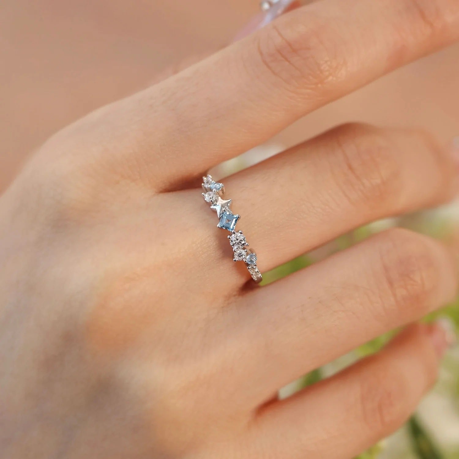 Cross-border hot selling s925 sterling silver five-pointed star white blue zircon ring female simple fashion European and American style index finger ring