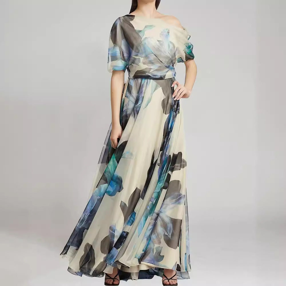 2025 Cross-Border Summer New European and American Bohemian Resort Style Lace-up Lolita Full Skirt Printed Dress