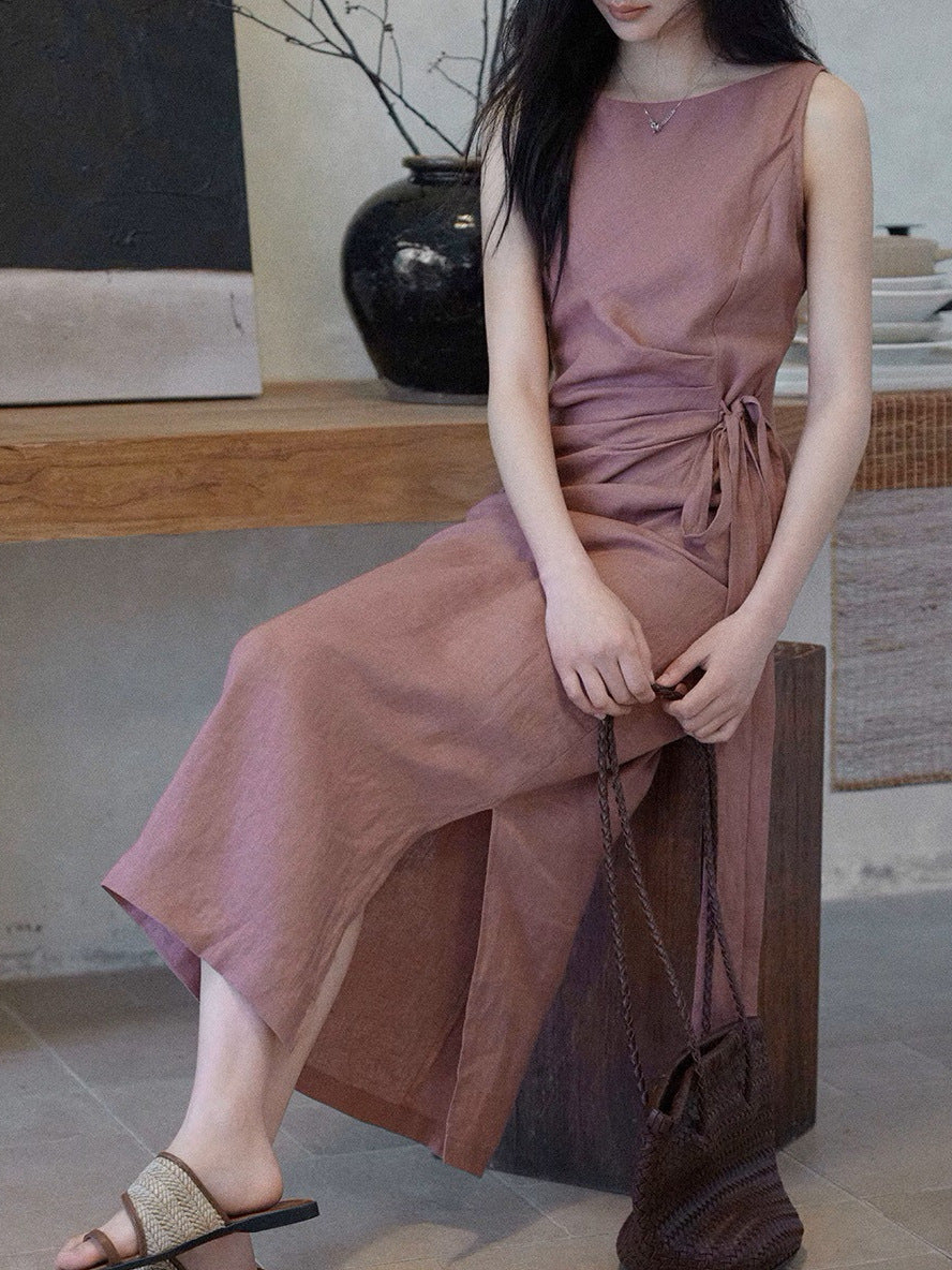 [LeWei] 100 Linen Round Neck Sleeveless Dress for Women, Summer Tie-Waist Fitted Dress, Versatile for Commuters