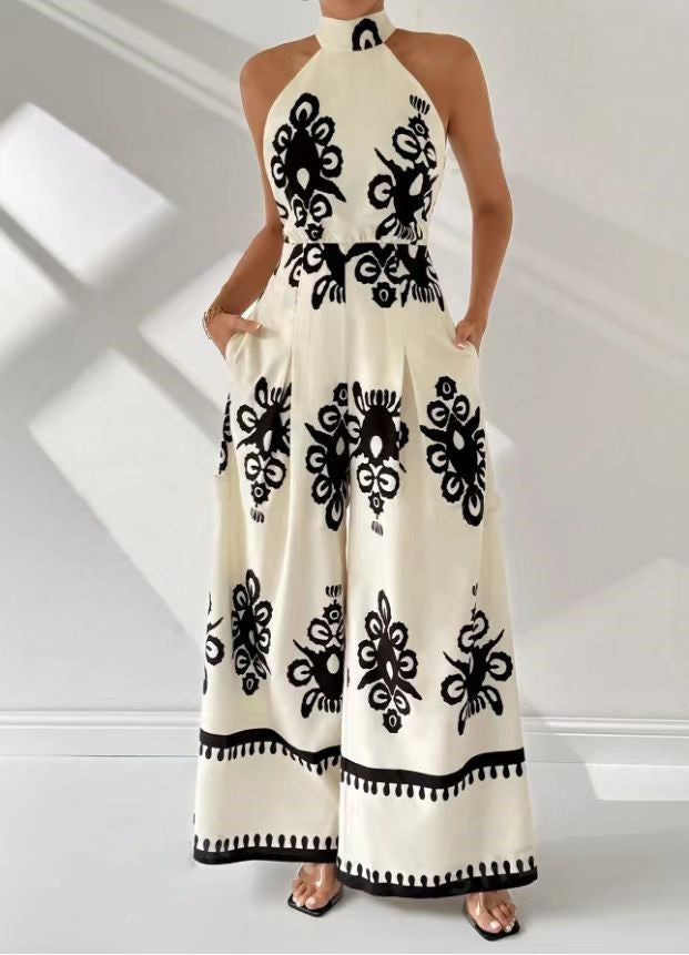 2024 Amazon Cross-Border Summer European and American Women's Clothing INS New Fashion Round Neck Tie-Waist Slim Printed Jumpsuit