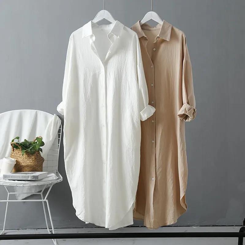 Cotton and linen sunscreen white shirt for women to wear as outerwear 2024 spring and summer new all-match loose casual tops mid-length shirt dress