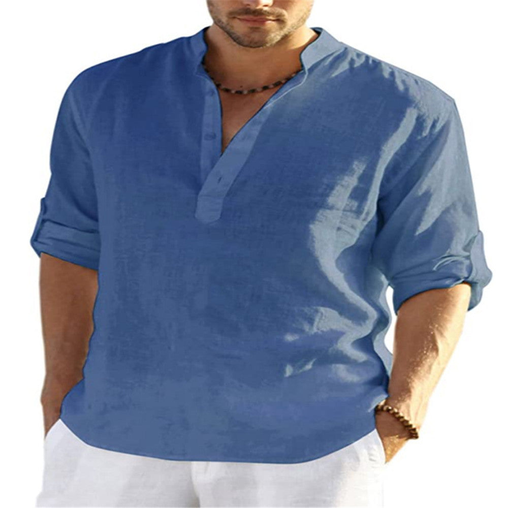Men's Cotton Linen Long Sleeve Stand Collar Shirt | Aladinae