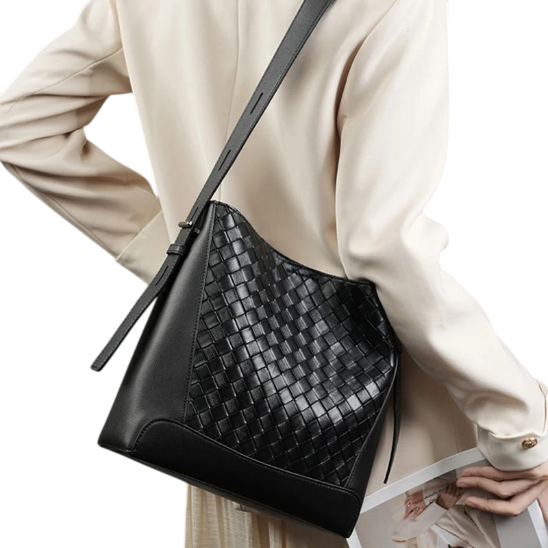 Cowhide hand-woven tote bag new style genuine leather commuter large capacity fashion shoulder bag messenger bag for women