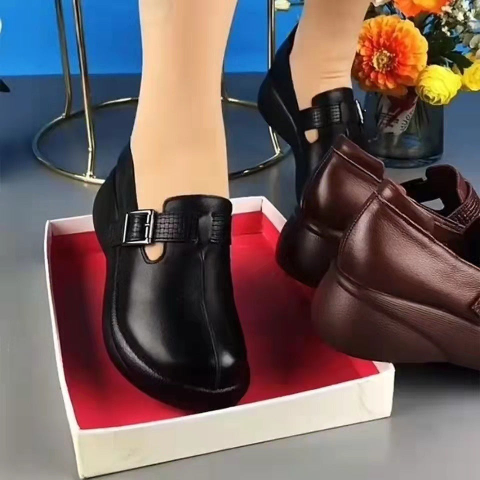 Platform shoes for women thick sole soft leather handmade buckle single shoes retro round toe comfortable soft sole 2022 spring women's shoes