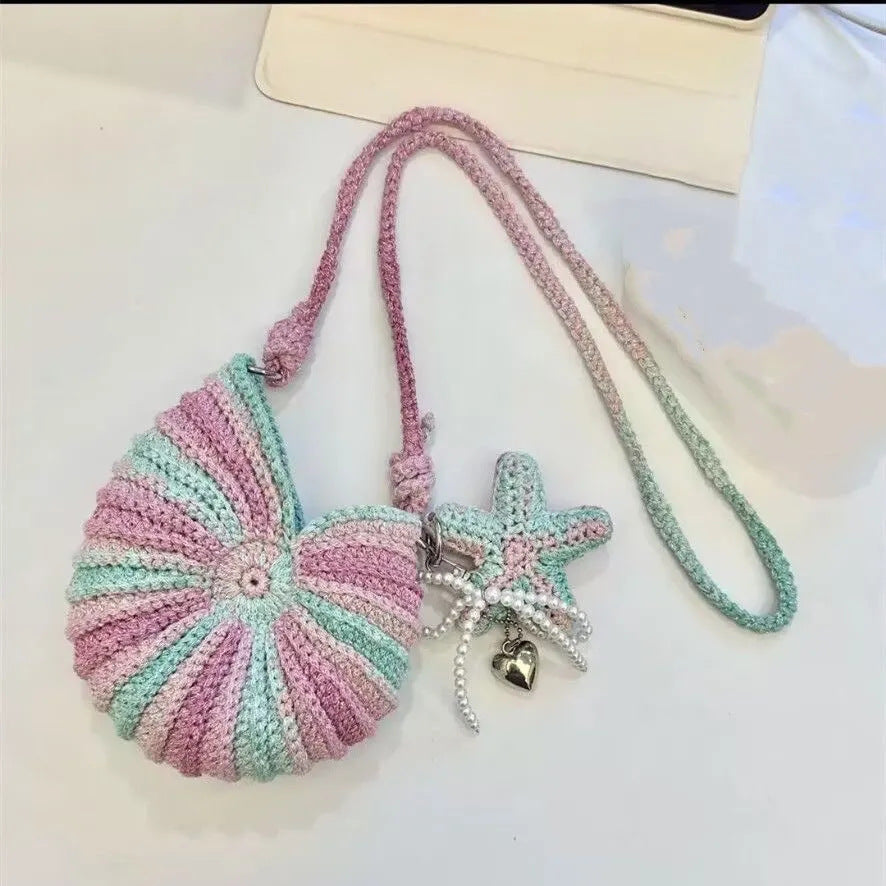 Handmade woven seashell phone case with starfish glitter graffiti yarn crochet DIY material kit - a gift for your best friend