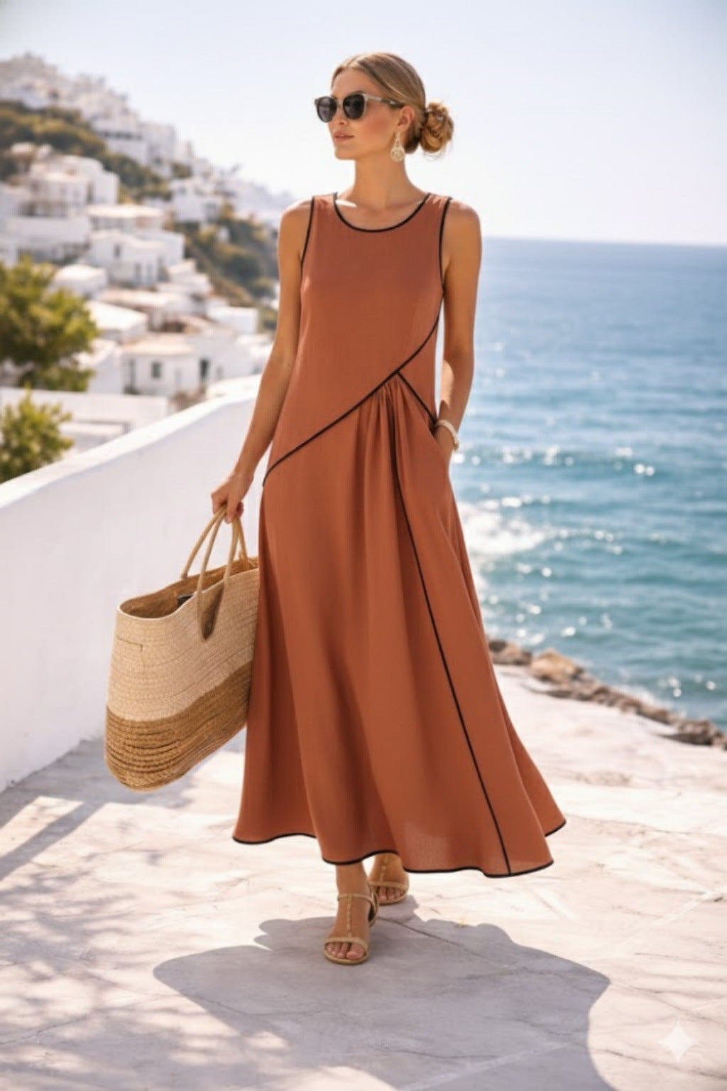2026 Independent Website European and American Summer New Women's Clothing Mediterranean Resort Style Dress Women's Color Block Trim A-line Skirt