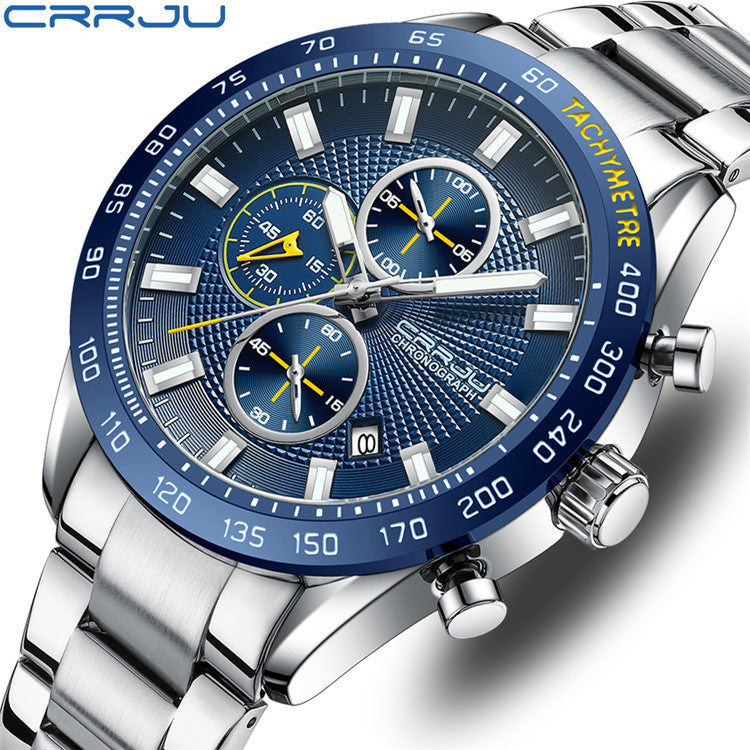 Men's Silver Blue Steel Watch - Waterproof, Calendar