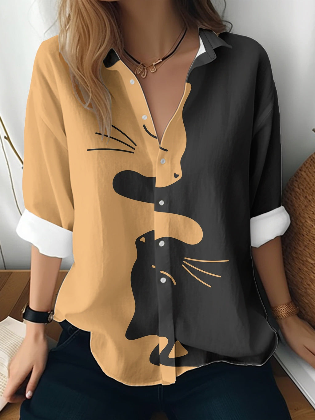 Cat cross-border Amazon European and American women's 3D printed floral pattern long-sleeved shirt women's fashion tops