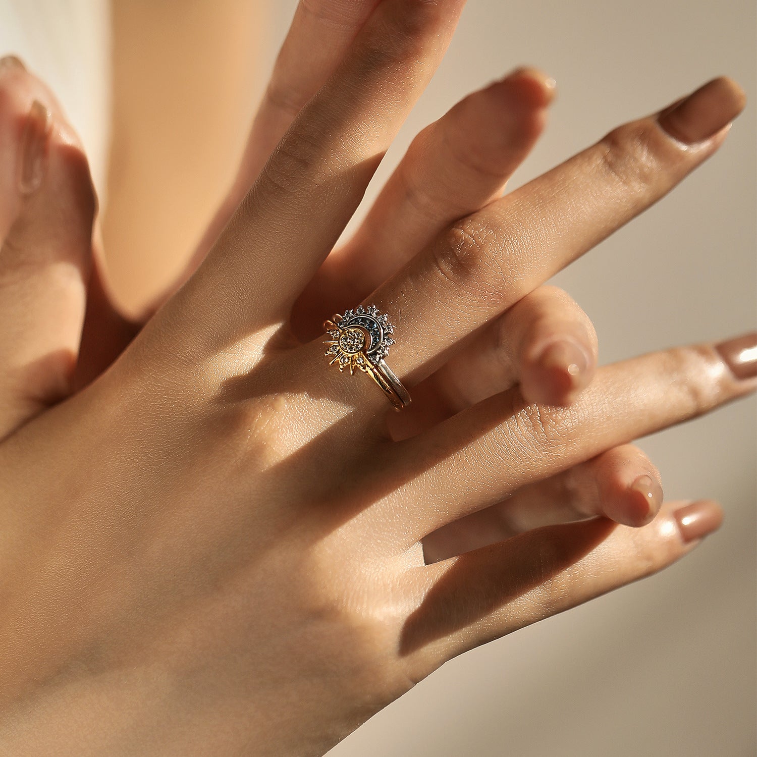 MODIAN 925 sterling silver stacked style sun and moon rings for women, high-end couple rings, ins-style niche design